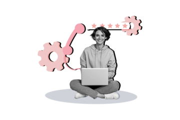 Trend artwork collage of help customer support service 24 7 landline phone call young lady sit hold laptop speech cloud star feedback gear