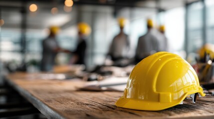 Close-up of a yellow safety helmet on a wooden table with blurred workers discussing in a modern office space.