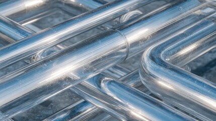 Close-up of intersecting clear plastic tubes showcasing modern industrial design and engineering.