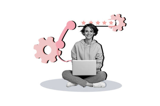 Trend artwork collage of help customer support service 24 7 landline phone call young lady sit hold laptop speech cloud star feedback gear