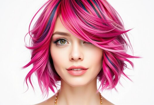 Trendy, stylish wig in fashionable cut; pristine white backdrop, cosmetics, texture - Powered by Adobe