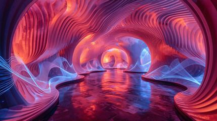 แสงและสีของคลื่นแฟร็กทัลที่หมุนวนในอวกาศเป็นฉากหลังนามธรรมที่แสดงถึงความคิดสร้างสรรค์และพลังงาน