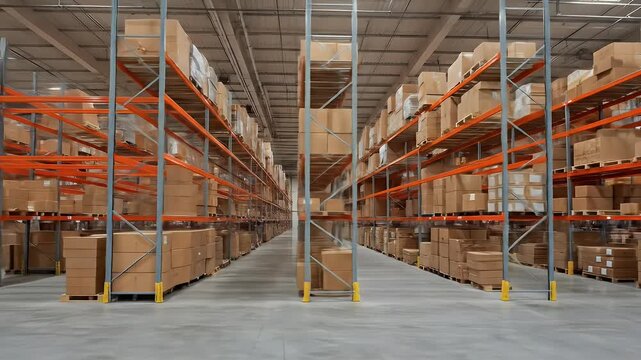 Realistic Warehouse Storage Rows with Cardboard Boxes on Shelves