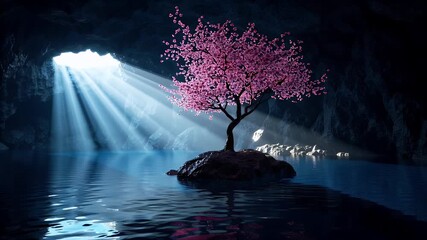 A Tranquil Underground Cavern Scene Highlighted by Moonlit Beams Over a Lone Pink Blossom Tree on a Tiny Island - Powered by Adobe