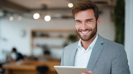 Confident man in suit smiling while holding tablet in modern office environment. Professional lifestyle concept.