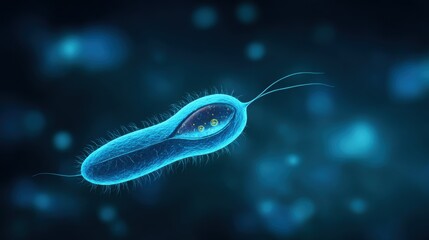 A detailed illustration of a single bacterium, showcasing its intricate structure and internal components, immersed in a vivid blue background.
