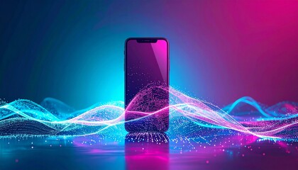 Minimalist futuristic phone silhouette made of light particles, dissolving into data waves, gradient background in cyan and magenta”