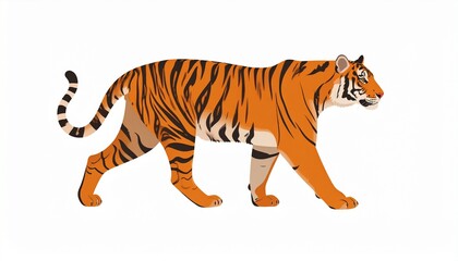 Fototapeta premium Amur tiger goes isolated on white background. Vector tiger side view. Endangered anim 