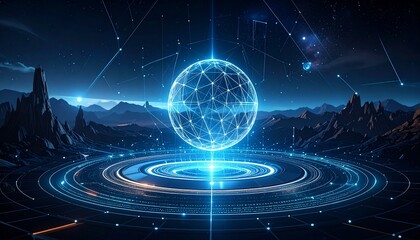 Digital communication in the year 2100 — abstract mesh of holographic symbols and signals around a levitating device, surrounded by floating geometric patterns”