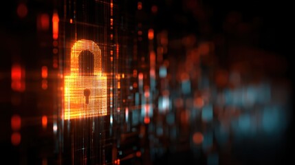 Digital padlock symbolizing cybersecurity and data protection in a networked world with glowing binary code.