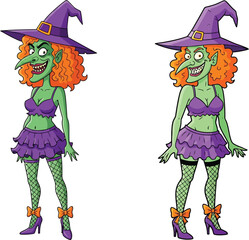 Ugly halloween witches cartoon characters spooky green-skinned sorceresses purple outfits curly hair fun frightening magic