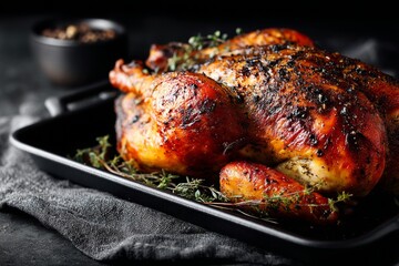 Detailed close-up photography of an exquisite roast chicken on a plastic tray isolated in black slate background