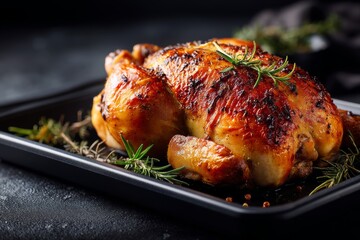 Detailed close-up photography of an exquisite roast chicken on a plastic tray while standing against black slate background