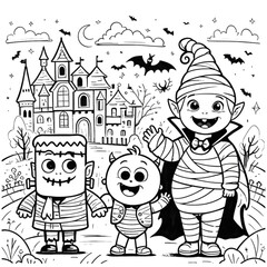Halloween coloring book illustration set