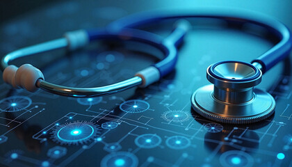 Close-up of stethoscope on digital interface with medical data in modern healthcare environment