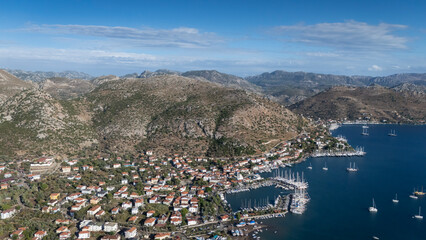 Naklejka premium Aerial View of Bozburun Harbor and Sailboats in Marmaris, Turkey