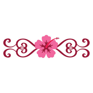 Flor de hibisco con filigrana caligr&aacute;fica. Logo destino de vacaciones con florituras
