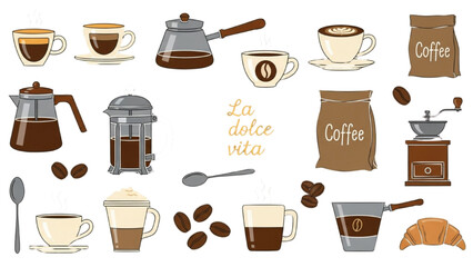 Illustrative collection of coffee items beans, brewing tools, and cups, evoking sweet life daily rituals