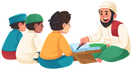 Muslim Children Learning Quran with Teacher Illustration