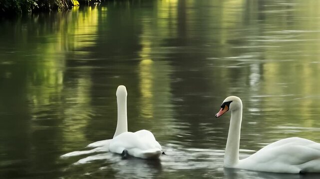 Realistic White Swans Swimming Peaceful River Morning Light Reflections