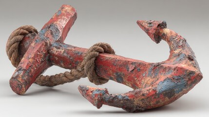 Rustic weathered anchor with rope detailing isolated on neutral background