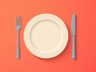 A minimalist table setting featuring a simple plate, fork, and knife on a vibrant background.