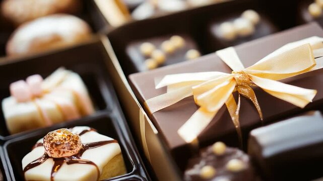 A close-up shot of a box of chocolates with a decorative ribbon tied around it