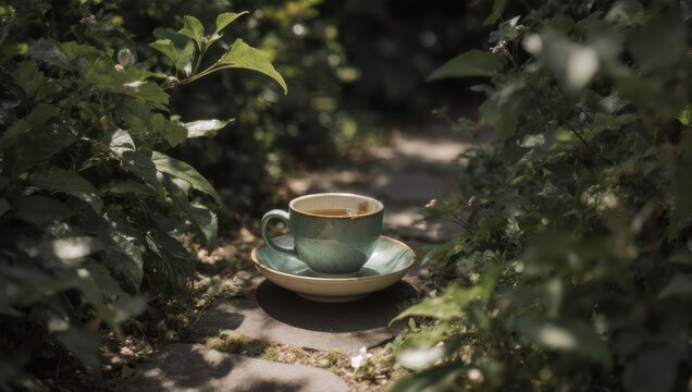 A cup of coffee nestled in a lush green garden setting.