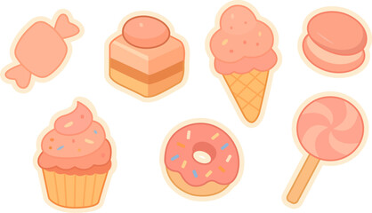 Vector illustration set of cute sweet desserts and candies including cupcake, donut, ice cream, cake and lollipop. Perfect for bakery design, menu, stickers and kids projects.