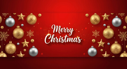 Naklejka premium Merry Christmas Background with Red Festive Design, Golden Ornaments, Stars, and Snowflakes
