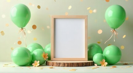 A blank wooden framed display with floating green balloons and scattered golden confetti creating a festive celebratory atmosphere for your special announcements