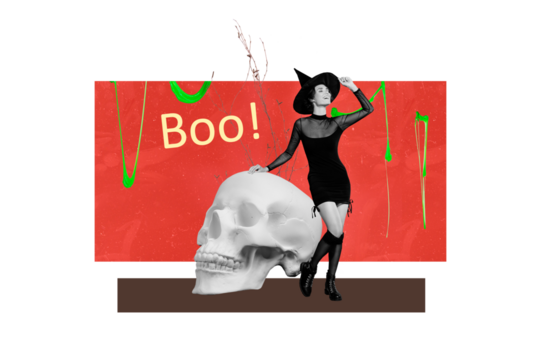 Composite photo collage of happy girl wear sexy witch dress stand skeleton skull head halloween spell ritual isolated on painted background - Powered by Adobe