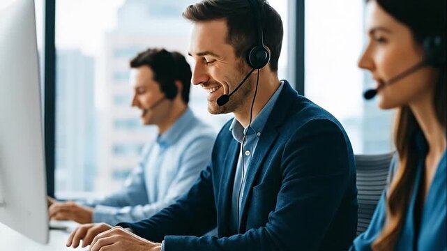 Smiling Customer Service Representative Engaged in Call with Headset, Supported by Team in Modern Office Environment