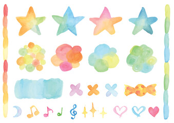 Cute watercolor design parts set - stars, notes, hearts, candy, colorful elements
