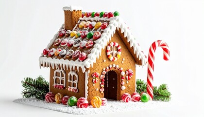 &ldquo;Decorated gingerbread house with white icing, colorful candies, red berries, and pine accents