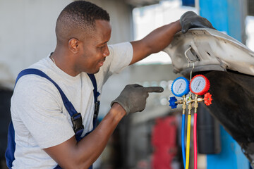 African American Auto Mechanic Checking Car Air Conditioning System, Professional Technician Pointing to Pressure Gauges During AC Service, Smiling Automotive Worker Performing Maintenance Under Car.