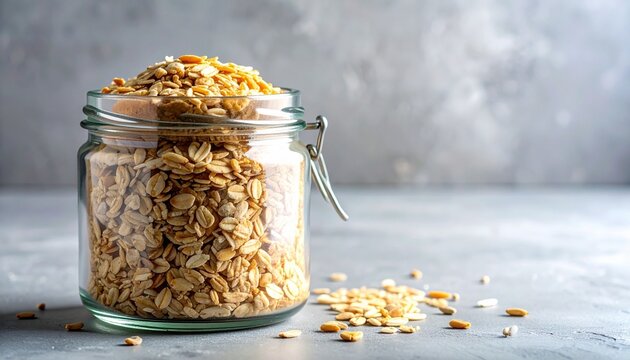 Glass jar with metal clasp and orange seal filled with rolled oats, lid open and oats scattered on gray surface