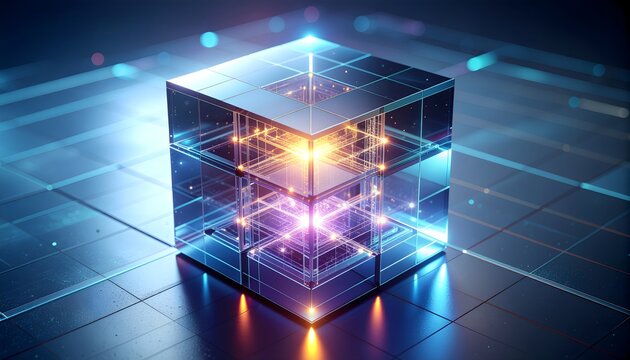 Holographic Glass Cube with Amber Core, Quantum Grid Glow over Blue Pool Light