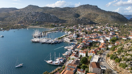 Fototapeta premium Aerial View of Bozburun Harbor and Sailboats in Marmaris, Turkey
