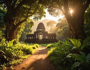 Ancient Stone Temple Ruins Surrounded By Lush Green Forest With Sun Rays Shining Through Trees At Sunrise Golden Hour Lighting