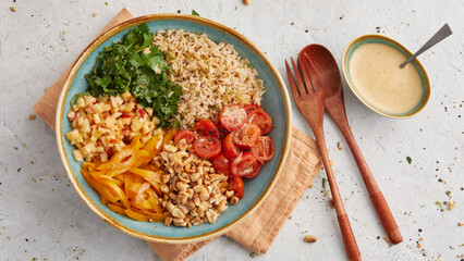 Buddha bowl with rice and bell pepper