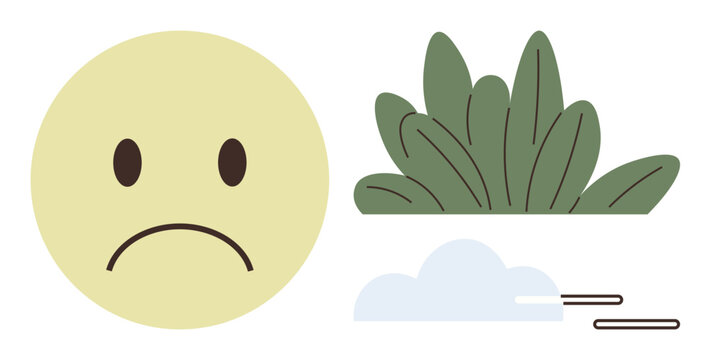 Yellow sad face conveys negative emotion, green bush adds natural context, and wind emphasizes dynamics. Ideal for emotion, environment, climate change, mood, ecology nature sustainability. Simple