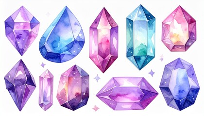 Watercolor hand painted Gems set. Magic, gems, crystal. Illustration isolated 