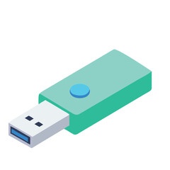 Modern isometric view of a teal usb flash drive with a blue button on a white background