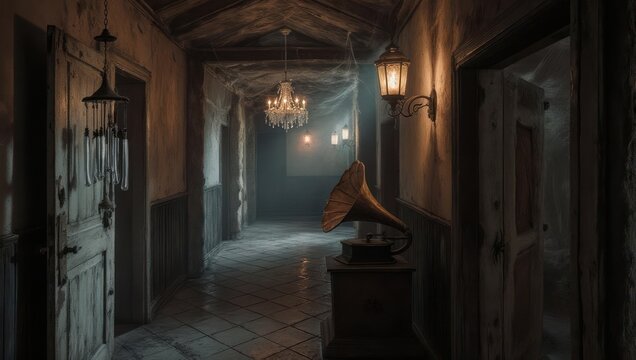 Eerie Hallway with Antique Phonograph and Dim Lighting.