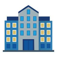 Modern flat design illustration of a multi story building with blue and grey facade and glowing windows