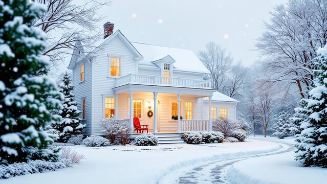 Cozy white farmhouse decorated for christmas in a snowy winter landscape with warm lights