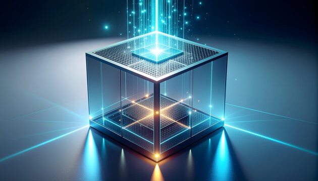 Modular Quantum Glass Cube with Vertical Beam, Parametric Grid, Caustic Highlights