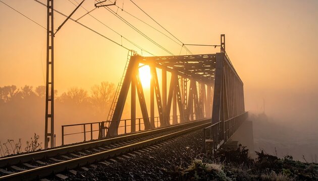 An old steel railway bridge silhouetted against a bright golden sunrise casting a warm glow through the morning mist and fog over the distant treeline.