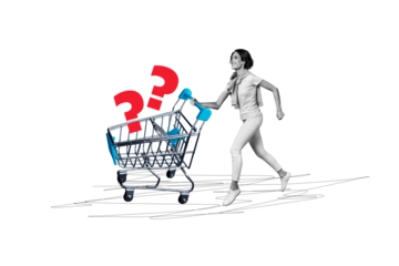 Composite photo collage of happy girl run trolley purchase decision question mark dilemma retail market isolated on painted background